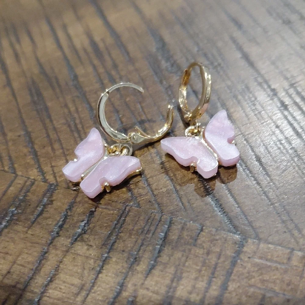 Gold Hoop Butterfly Drop Earrings - Pink Butterfly Charm
